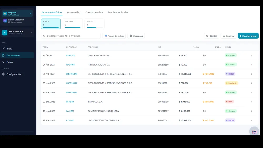 Dashboard de NextContable — vista general de facturas causadas